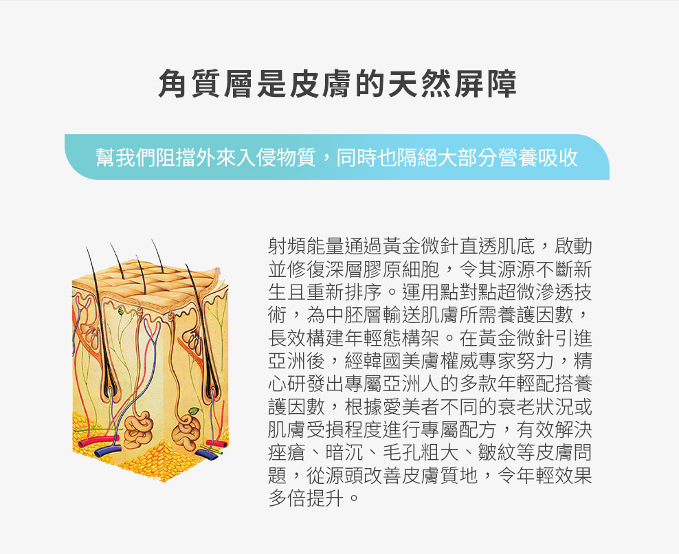黃金微針穿透角質層直達肌底，激活膠原新生，專屬配方改善暗沉毛孔與皺紋