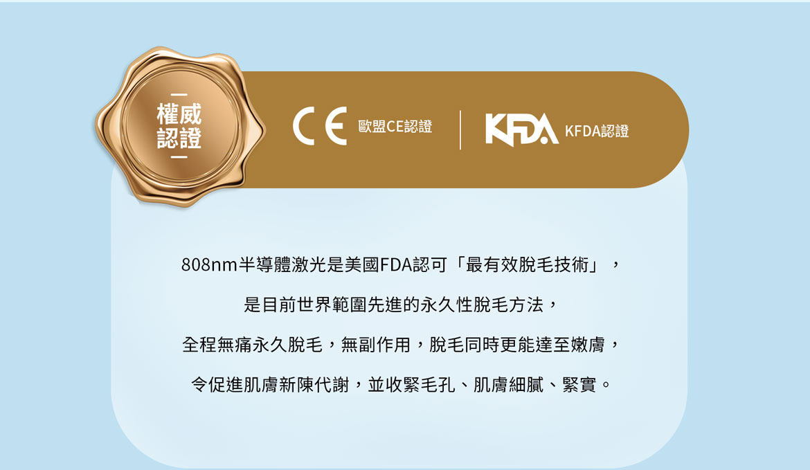 權威認證：歐盟CE認證、KFDA認，808nm半導體激光是美國FDA認可「最有效脫毛技術」，是目前世界範圍先進的永久性脫毛方法，全程無痛永久脫毛，無副作用，脫毛同時更能達至嫩膚，令促進肌膚新陳代謝，並收緊毛孔、肌膚細膩、緊實。