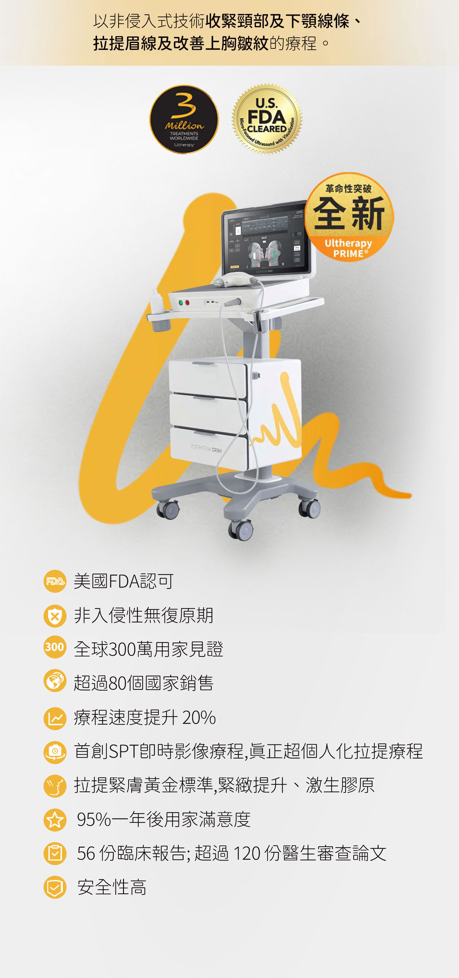 Ultherapy 非侵入式拉提療程，美國 FDA 認可，無復原期，全球 300 萬用家見證，療程提速 20%，SPT 即時影像個人化治療，緊膚激生膠原，滿意度高、安全性強