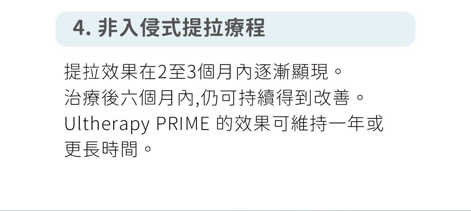 Ultherapy PRIME 非入侵式提拉療程，2 至 3 個月逐漸顯效，6 個月內持續改善，效果可維持一年或更久